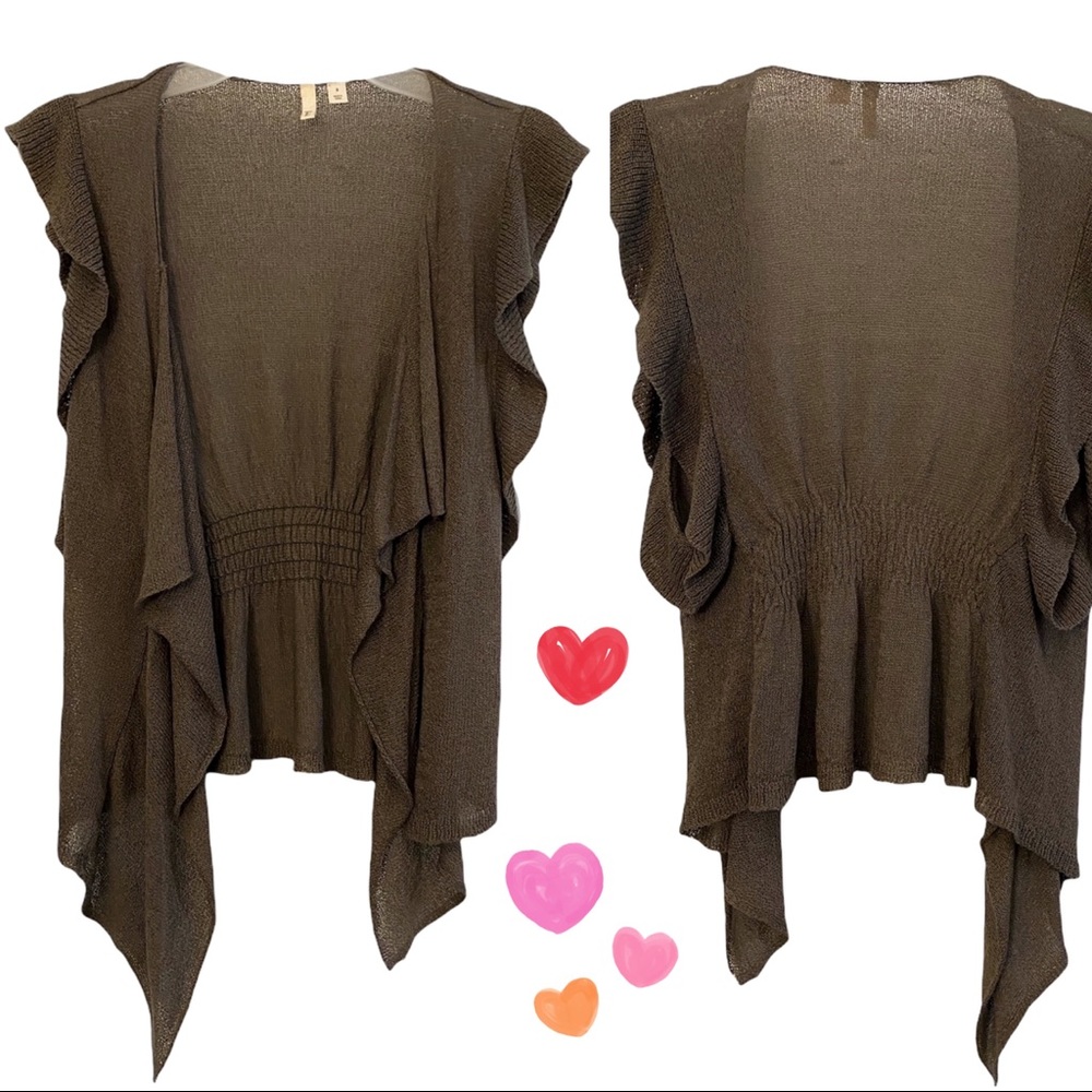 Frenchi ruffled sleeveless open knit shrug/ cover-up, brown